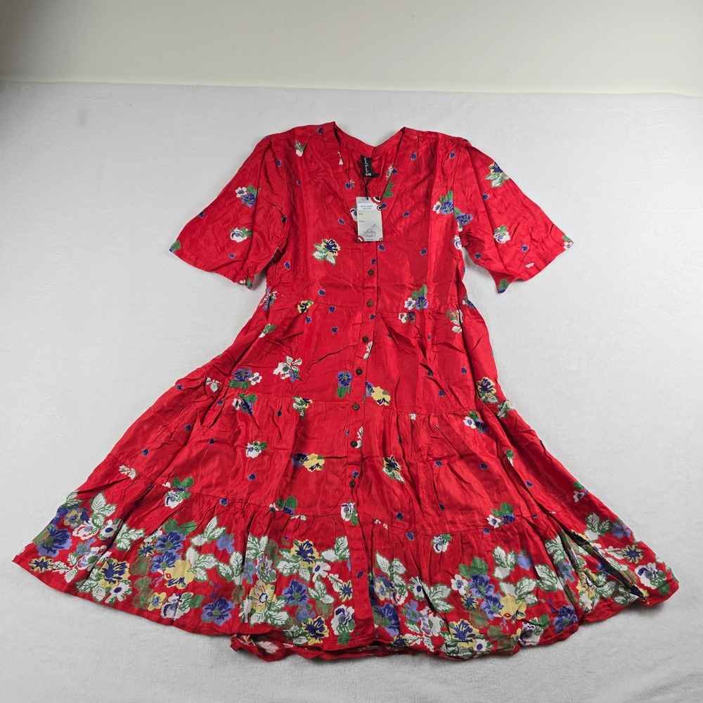 Sacred Threads Red Floral Button Front Tiered Rayon Mini Dress Size S/M New NWT